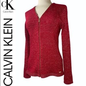 Calvin Klein Sweater Luxury Knit Zip Up Cardigan Red Gold Womens Size Medium